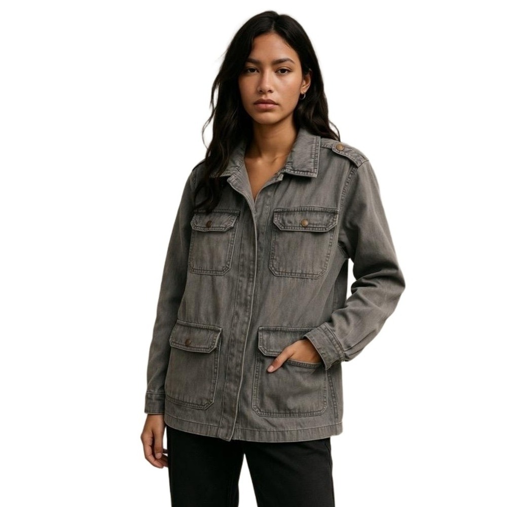 Ellison Gray Button Epaulettes Four Front Pockets Zipper  Military‎ Jacket L